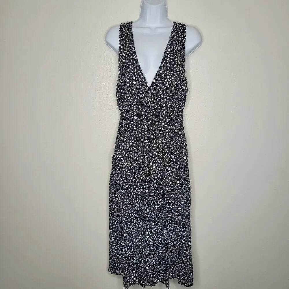 Vintage 80s 90s black white ditsy floral moody midi dress size 8 pockets